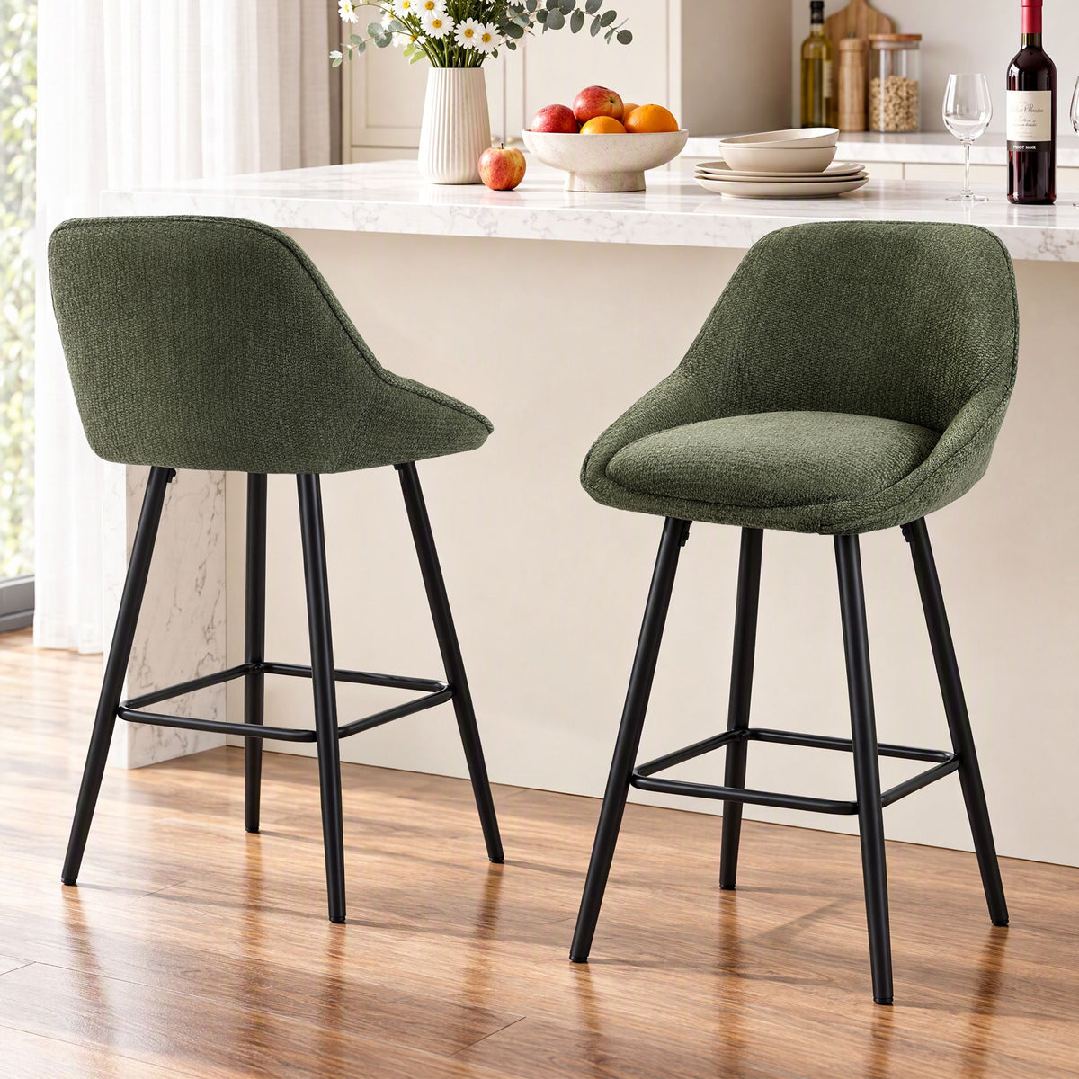 TWSC 60cm Linen Counter Stools, Green – Set of 2 — kitchen-counter lifestyle setting