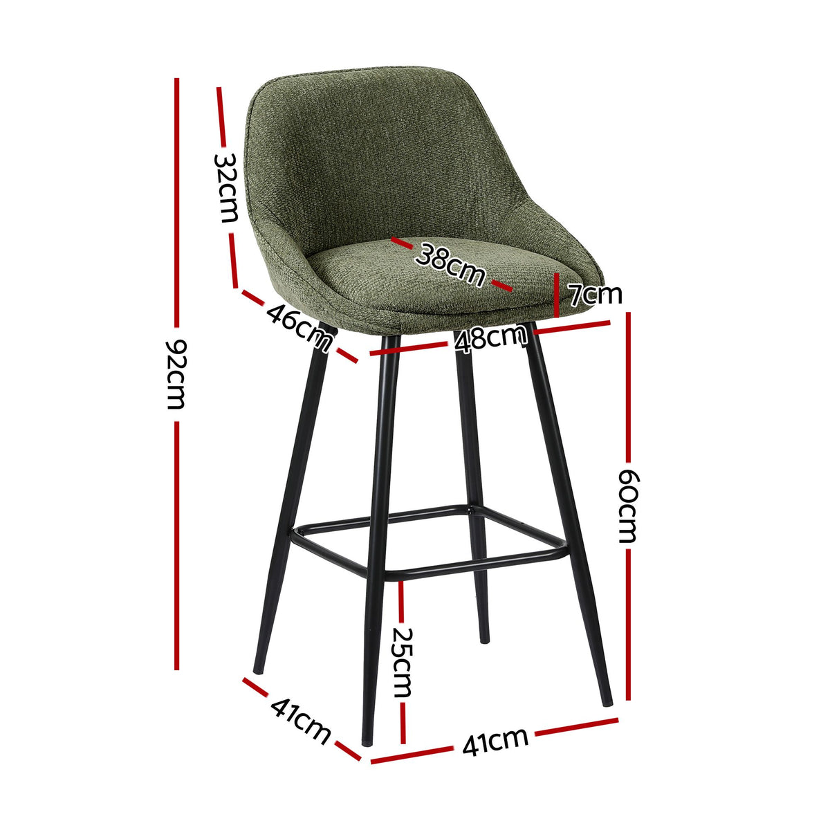 TWSC 60cm Linen Counter Stools, Green – Set of 2 — seat-height and overall-dimension diagram