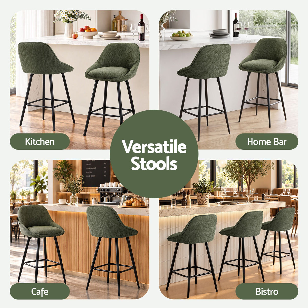 TWSC 60cm Linen Counter Stools, Green – Set of 2 — collage of kitchen, home-bar, cafe and bistro settings