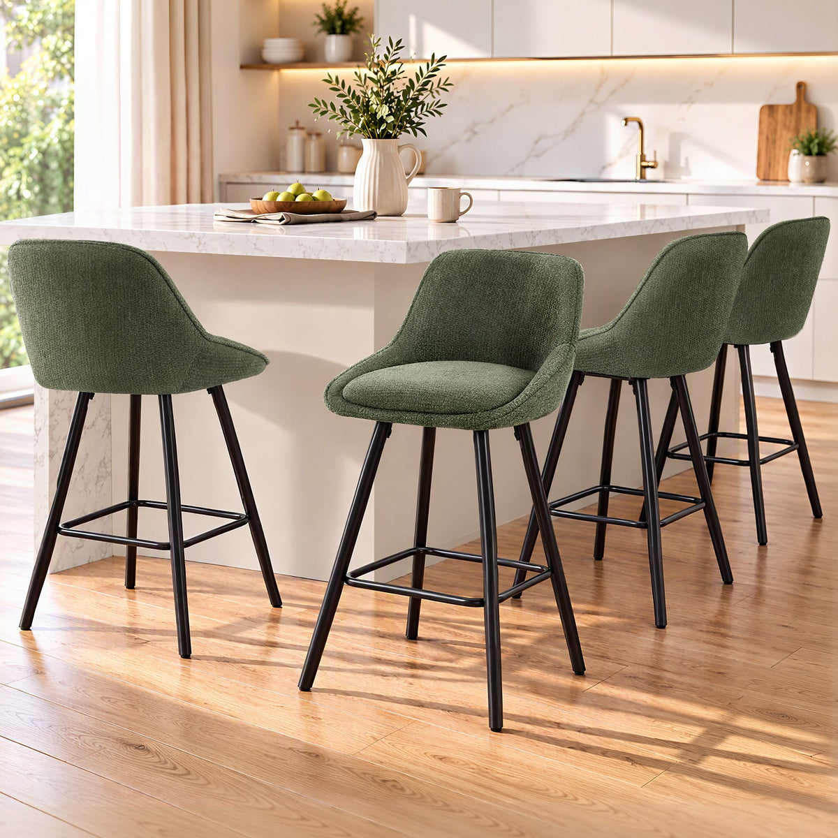 TWSC 60cm Linen Counter Stools, Green – Set of 4 — kitchen-counter lifestyle setting