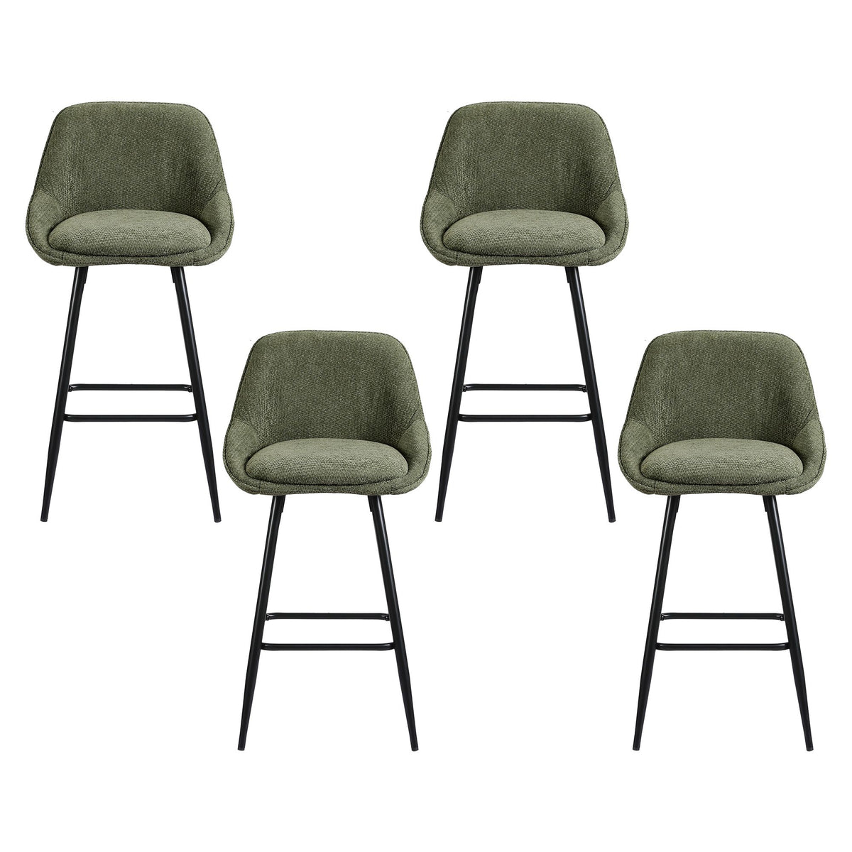 TWSC 60cm Linen Counter Stools, Green – Set of 4 — front view of the stool set