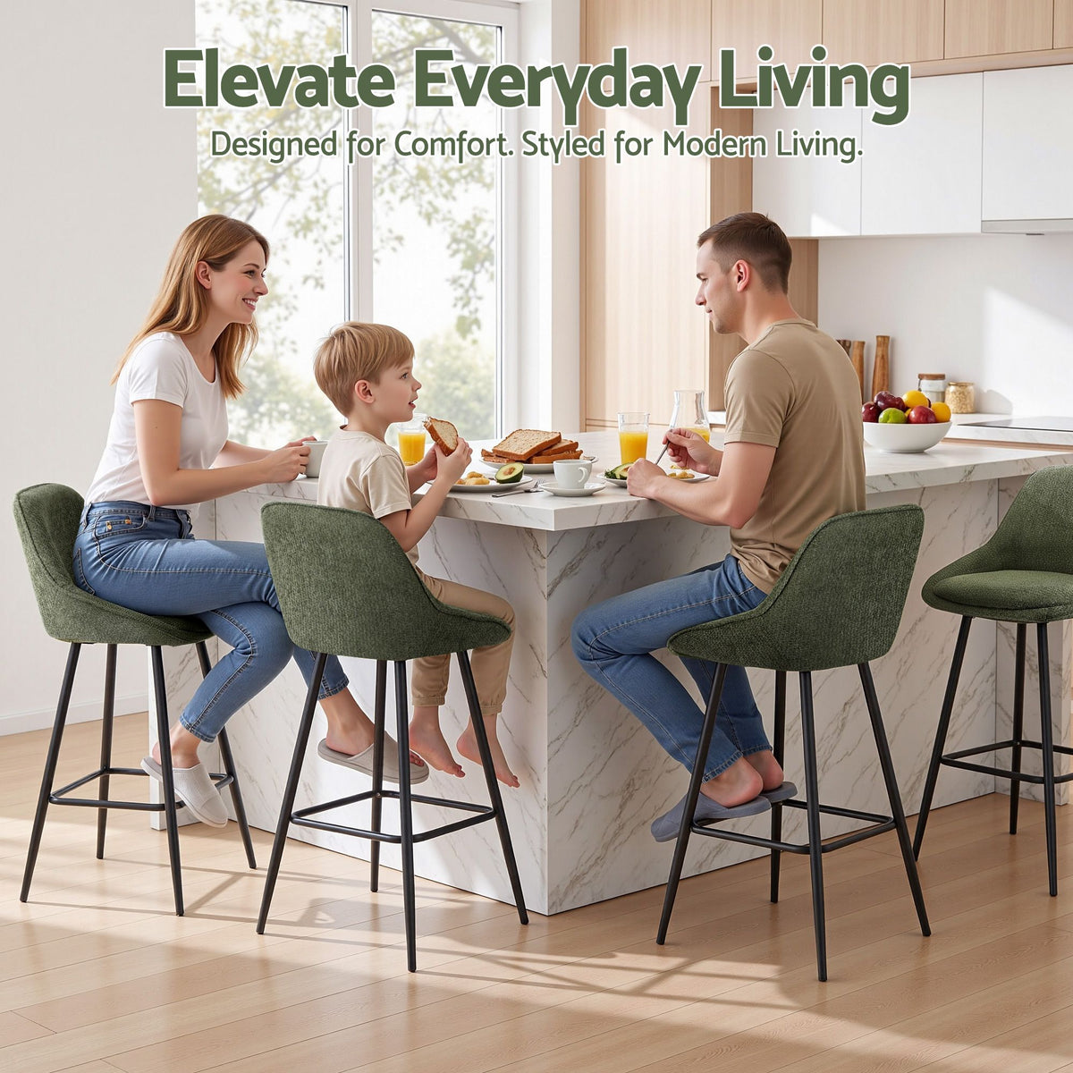 TWSC 60cm Linen Counter Stools, Green – Set of 4 — family kitchen seating example