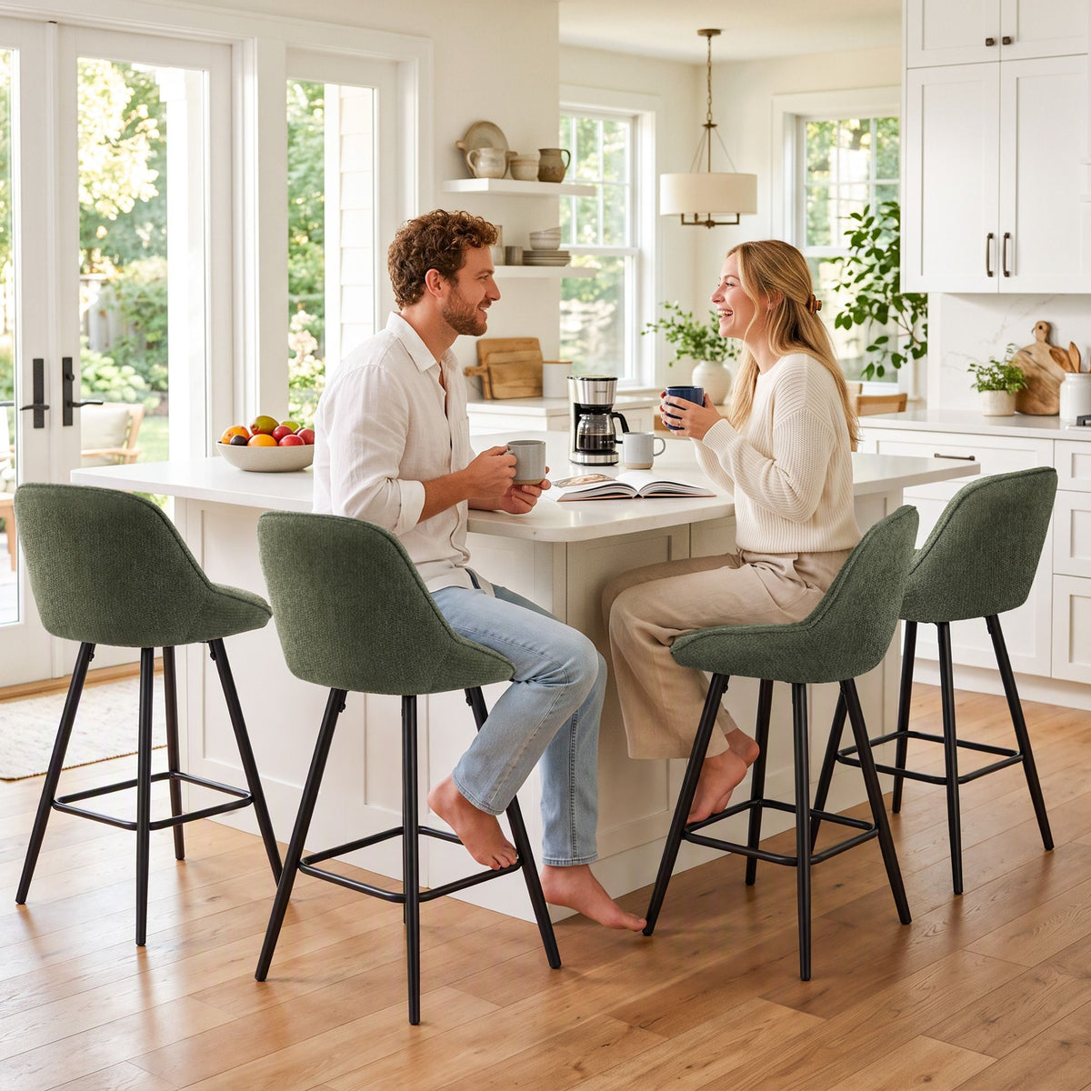 TWSC 60cm Linen Counter Stools, Green – Set of 4 — stools in use at a kitchen counter
