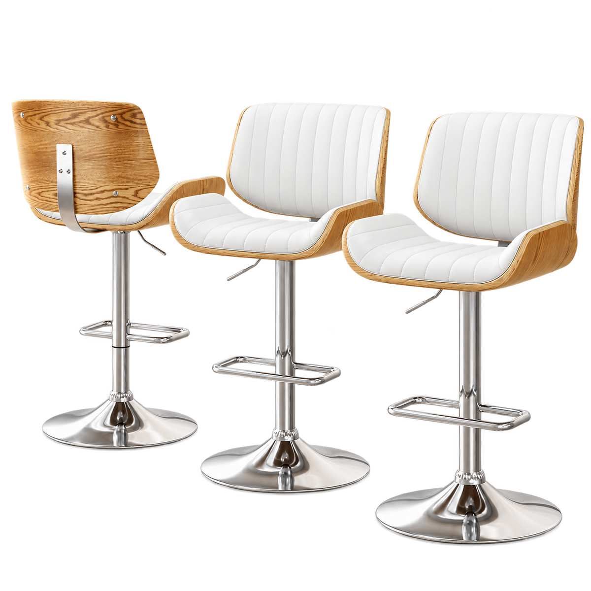 TWSC 3x Bar Stools Counter Chairs Adjustable Swivel PU Leather Galina White