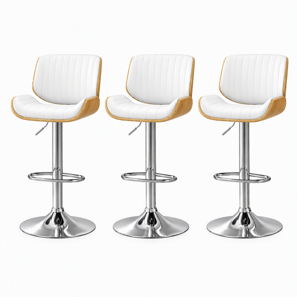 TWSC 3x Bar Stools Counter Chairs Adjustable Swivel PU Leather Galina White