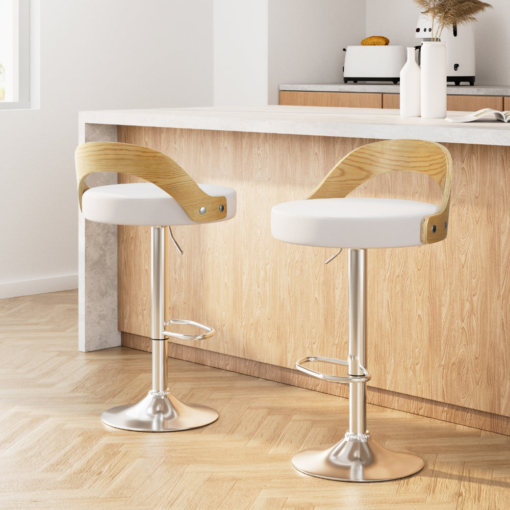 TWSC 2x Bar Stools Adjustable Leather Padded White