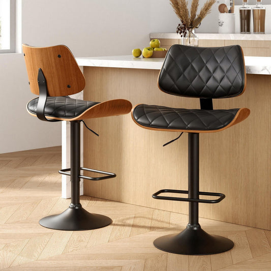 TWSC 2x Bar Stools Kitchen Dining Chairs Gas Lift Stool Wooden Leather Black
