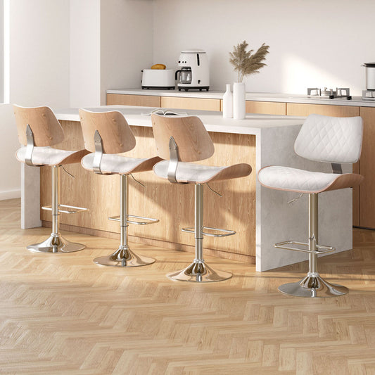 TWSC 4x Bar Stools Kitchen Dining Chairs Gas Lift Stool Wooden Leather White