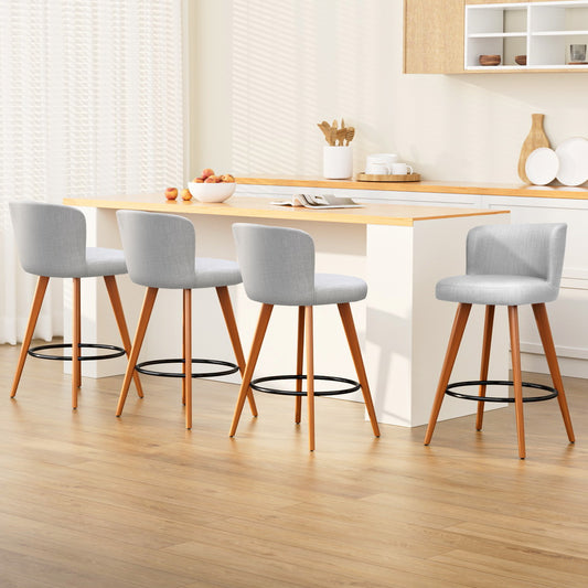 TWSC 4x Bar Stools Linen Padded Wooden Grey
