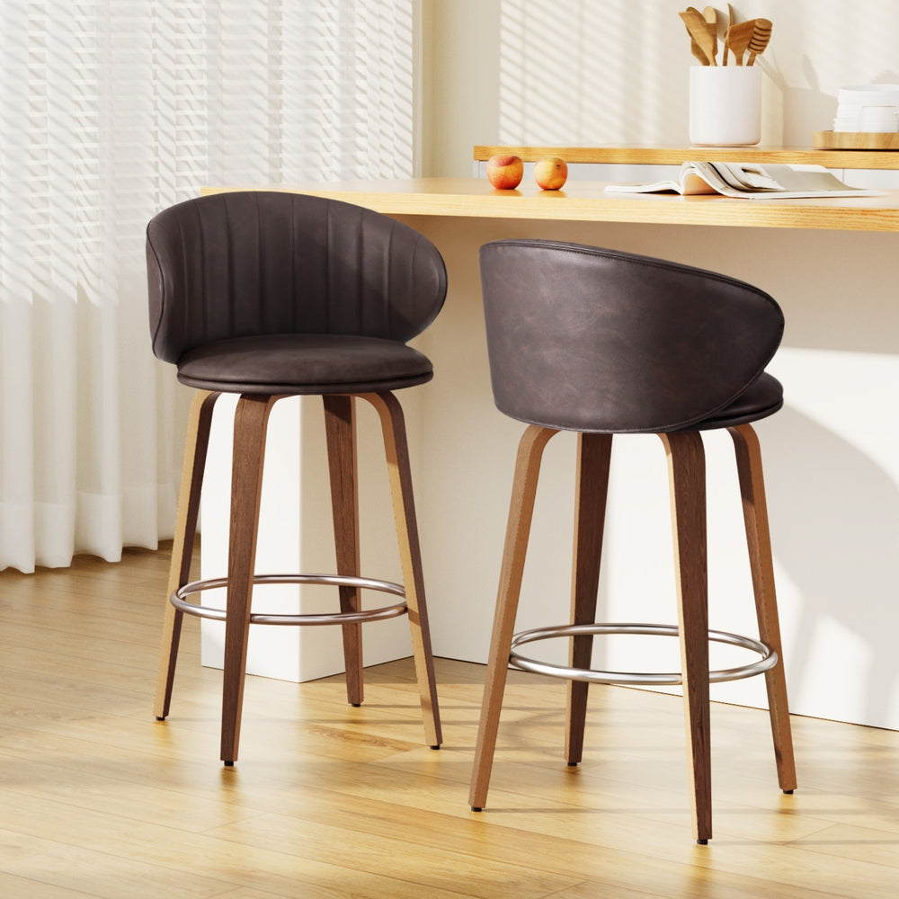 2x TWSC Bar Stools Dining Chairs Contoured Leather Wood Stool