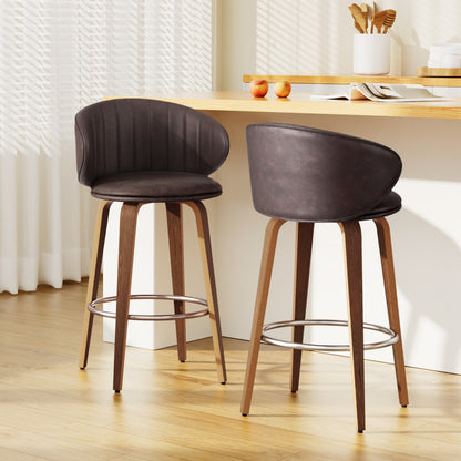 2x TWSC Bar Stools Dining Chairs Contoured Leather Wood Stool