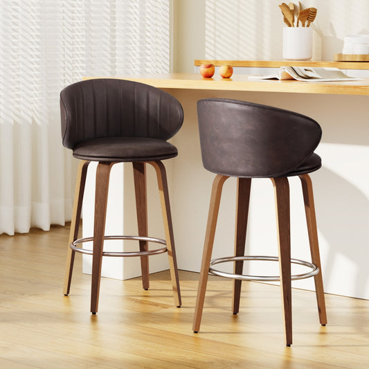 2x TWSC Bar Stools Dining Chairs Contoured Leather Wood Stool