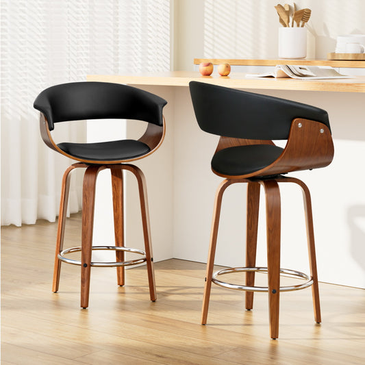 TWSC 2x Bar Stools Swivel PU Seat Wooden