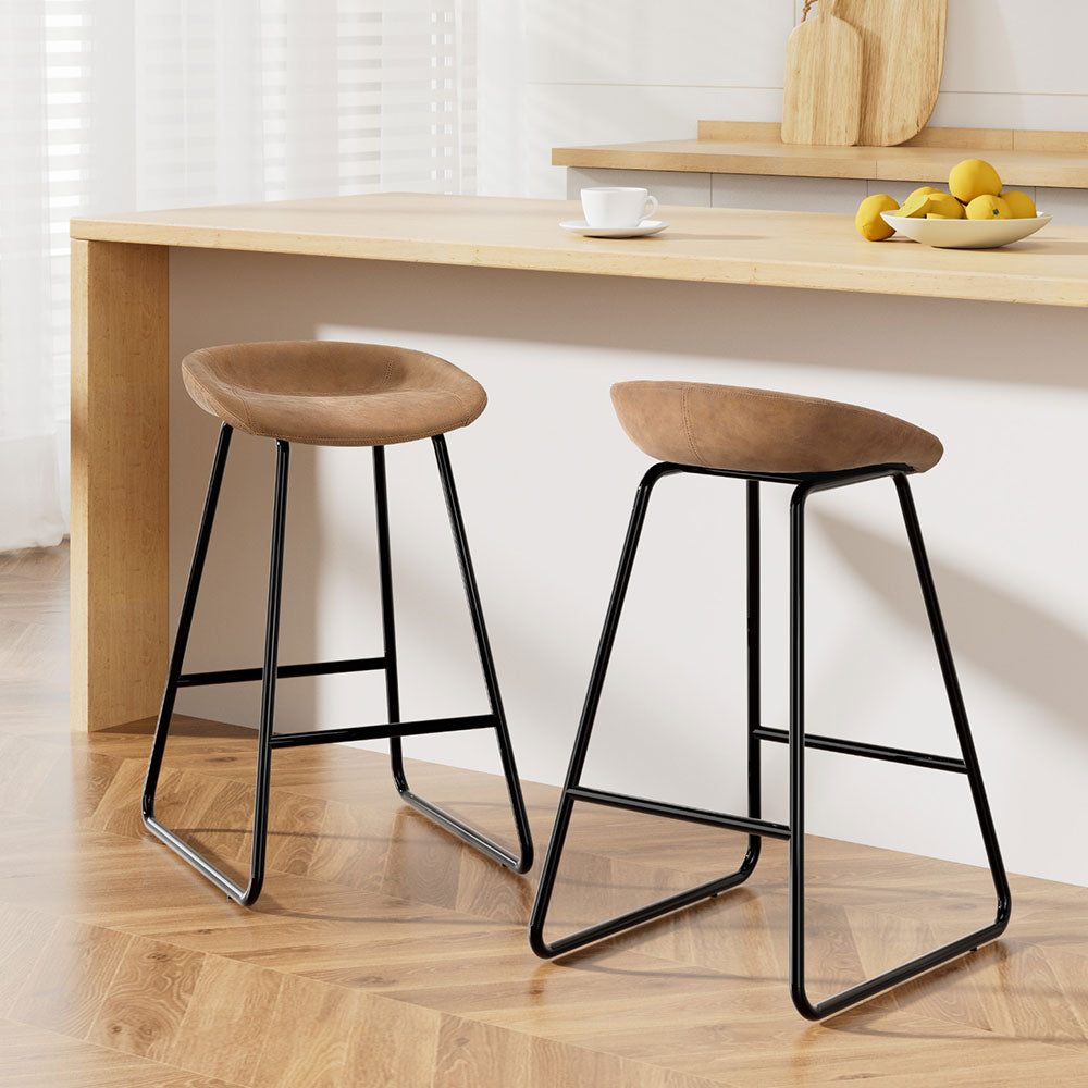 TWSC 2x Bar Stools Kitchen Dining Chairs Counter Stool PU Leather Metal Brown