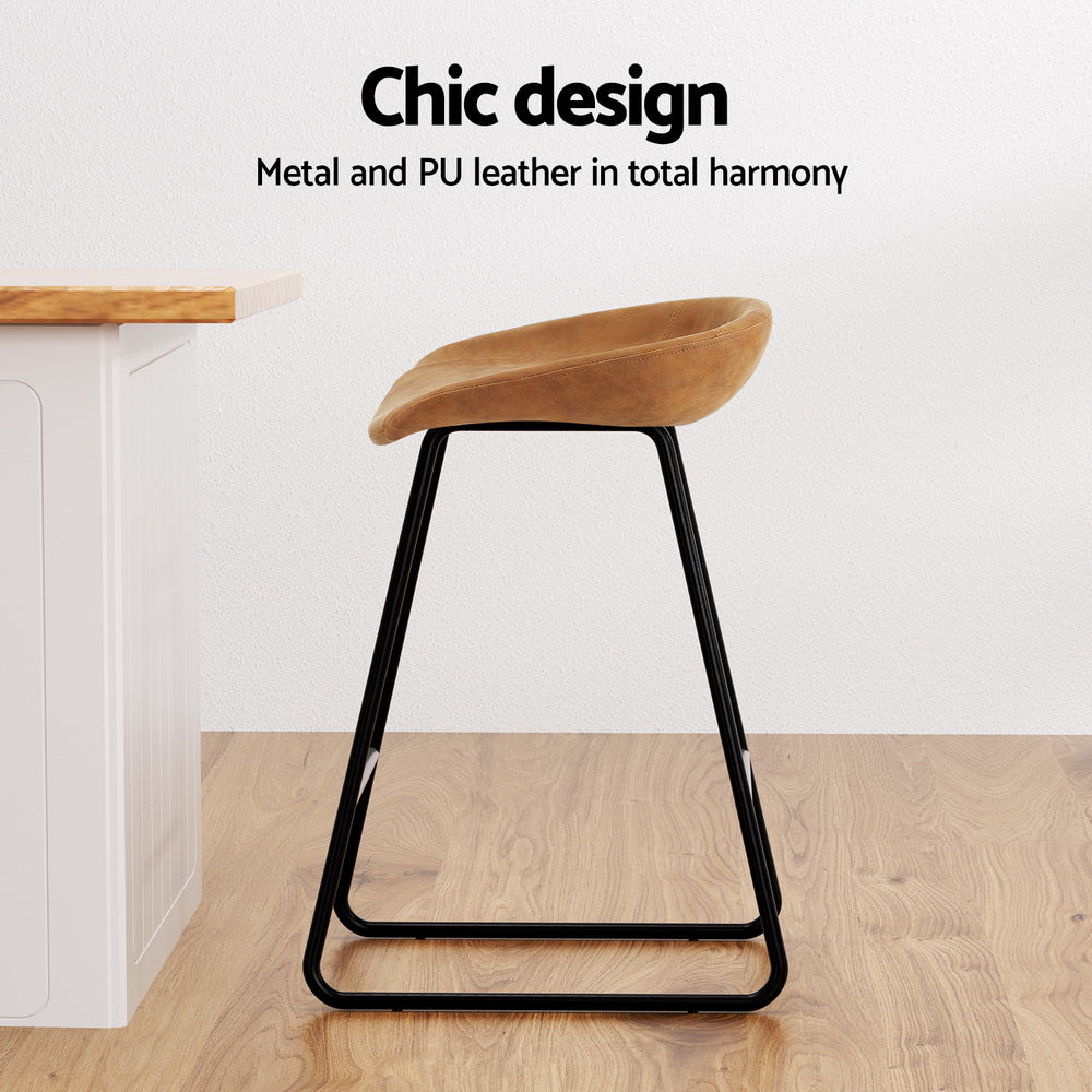 TWSC 2x Bar Stools Kitchen Dining Chairs Counter Stool PU Leather Metal Brown
