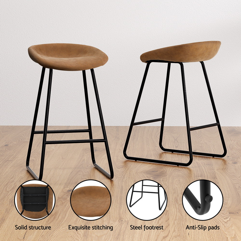 TWSC 2x Bar Stools Kitchen Dining Chairs Counter Stool PU Leather Metal Brown
