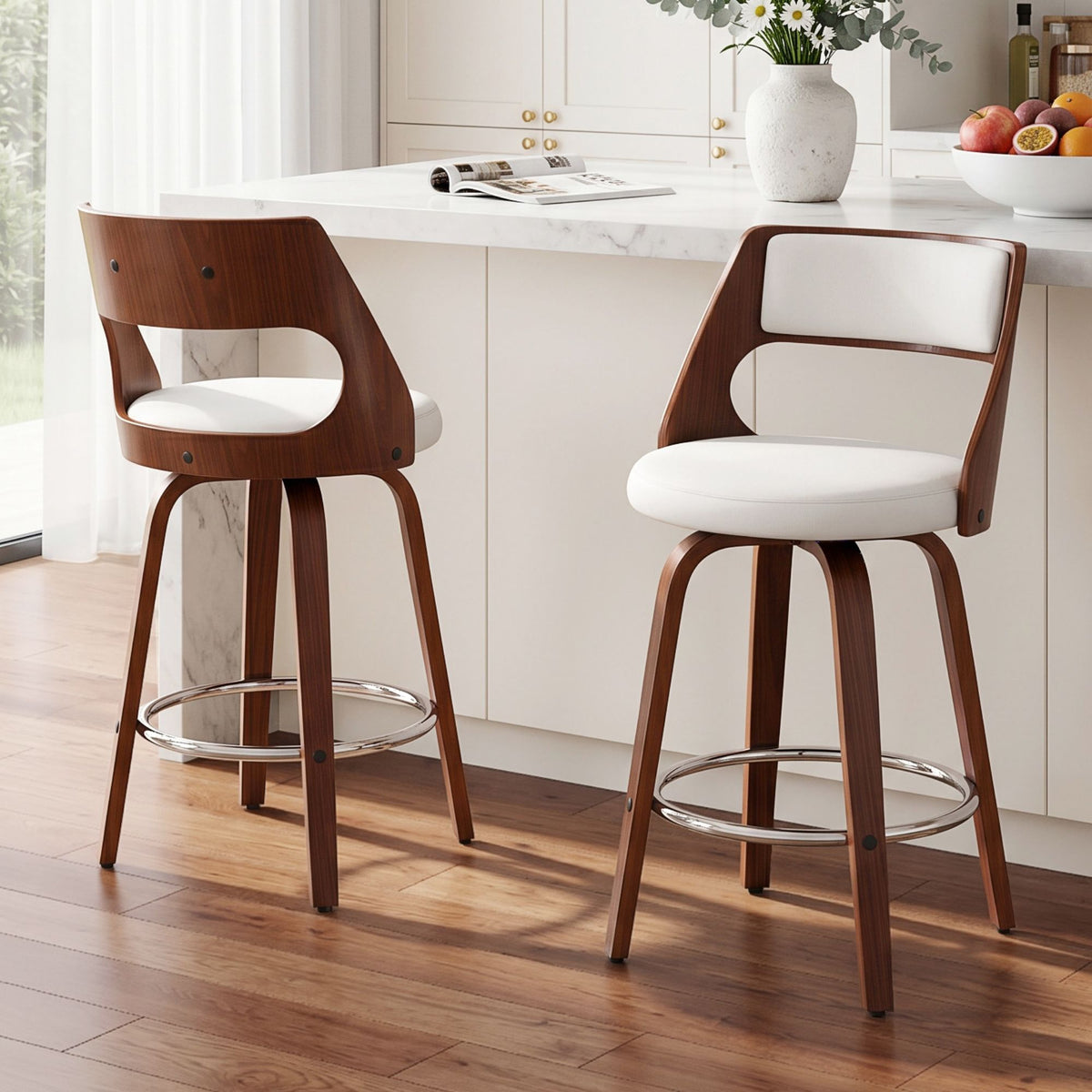 TWSC 65cm Swivel Counter Stools, White & Walnut – Set of 2 — kitchen-counter lifestyle setting