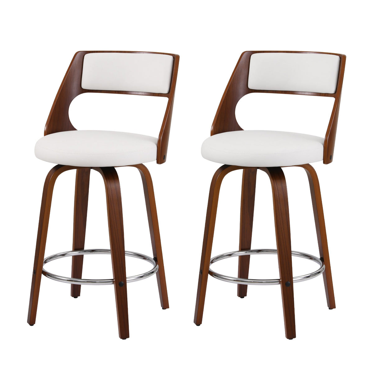 TWSC 65cm Swivel Counter Stools, White & Walnut – Set of 2 — angled product view of the swivel stool set