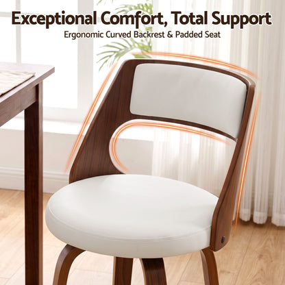 TWSC 65cm Swivel Counter Stools, White & Walnut – Set of 2 — padded seat and cut-out backrest detail