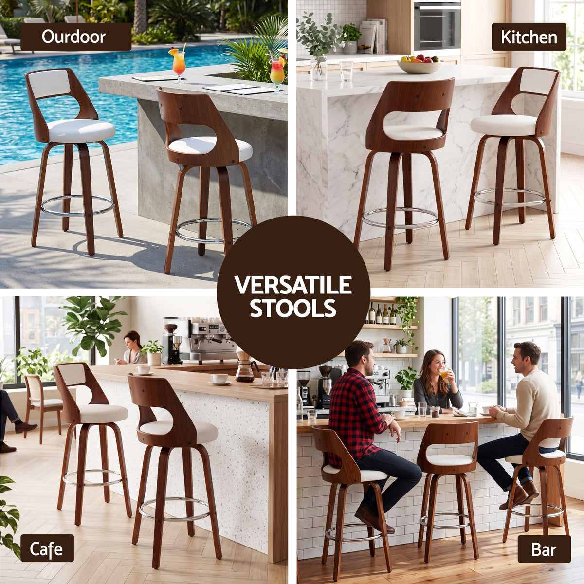 TWSC 65cm Swivel Counter Stools, White & Walnut – Set of 2 — collage of indoor and outdoor styling examples