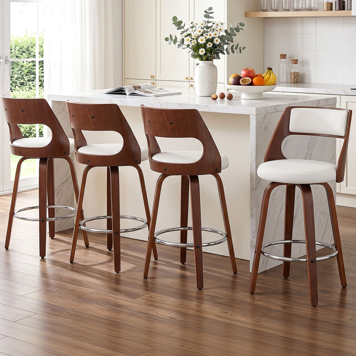 TWSC 65cm Swivel Counter Stools, White & Walnut – Set of 4 — kitchen-counter lifestyle setting