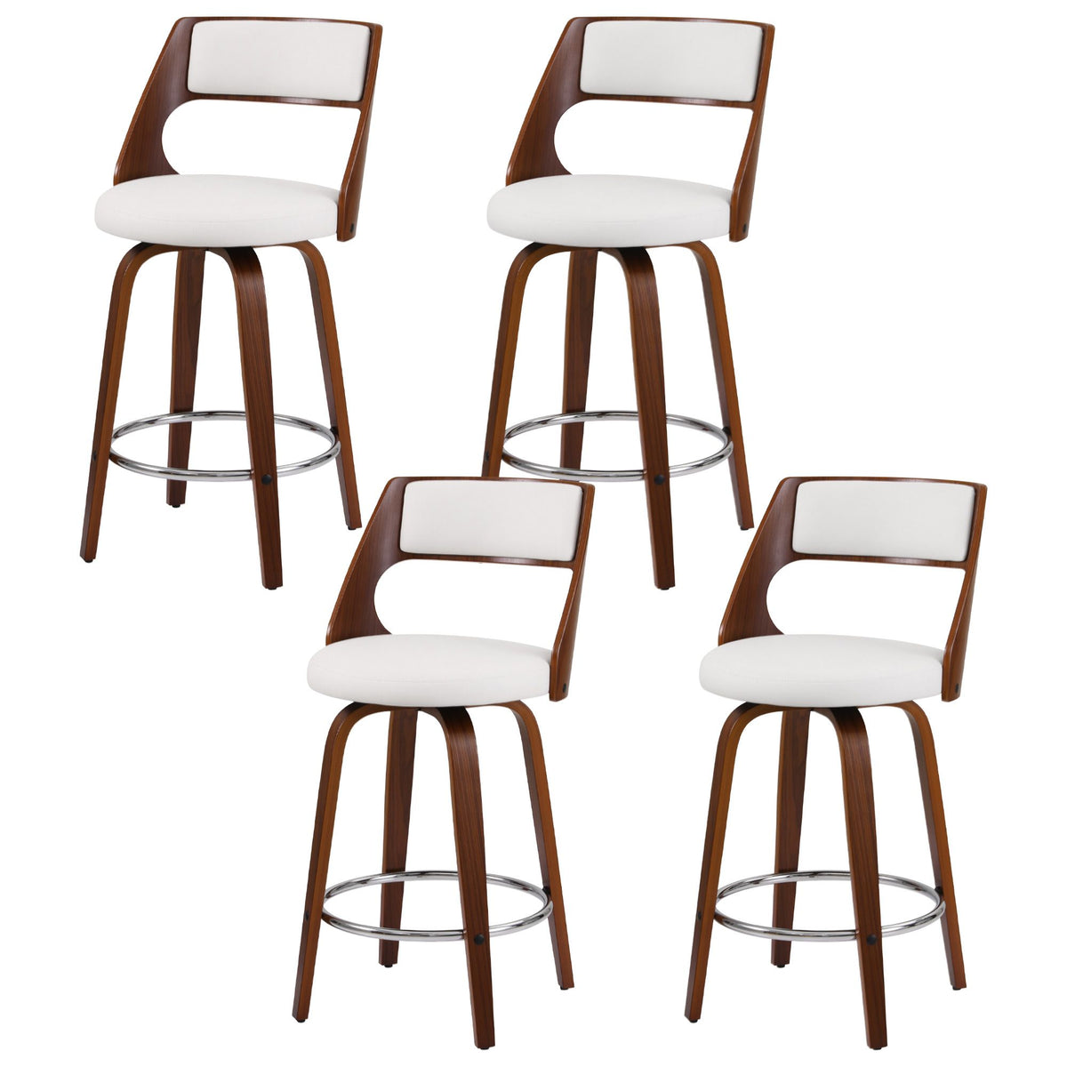 TWSC 65cm Swivel Counter Stools, White & Walnut – Set of 4 — angled product view of the swivel stool set