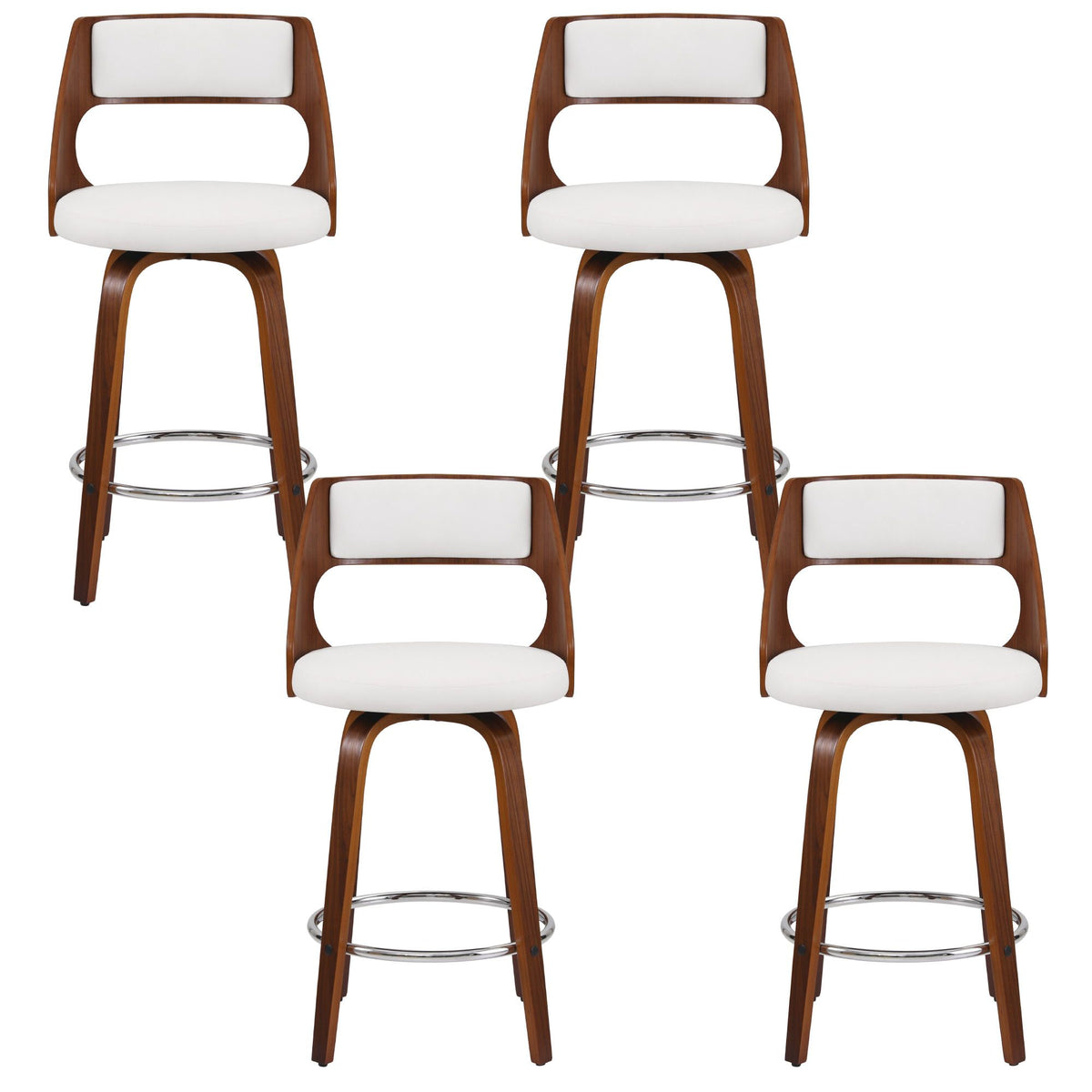 TWSC 65cm Swivel Counter Stools, White & Walnut – Set of 4 — front view of the stool set