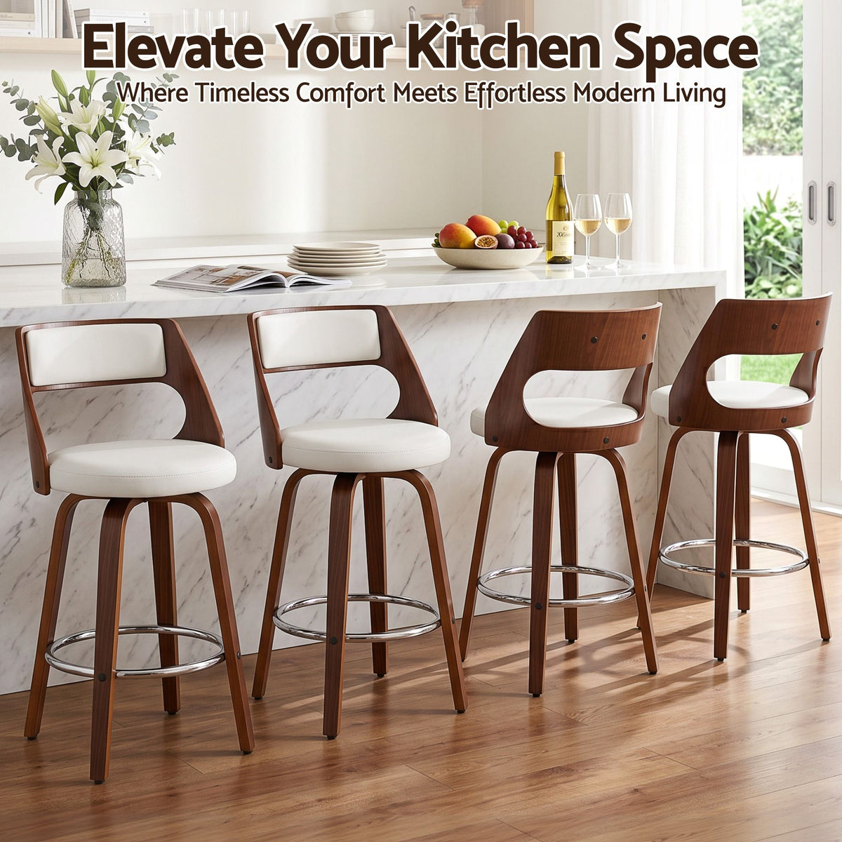 TWSC 65cm Swivel Counter Stools, White & Walnut – Set of 4 — kitchen styling infographic