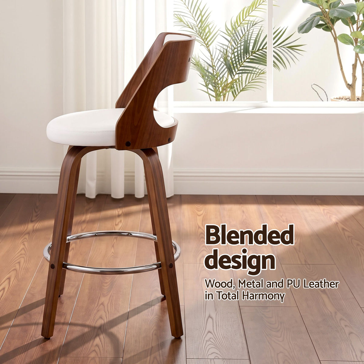 TWSC 65cm Swivel Counter Stools, White & Walnut – Set of 4 — side profile and material-detail infographic