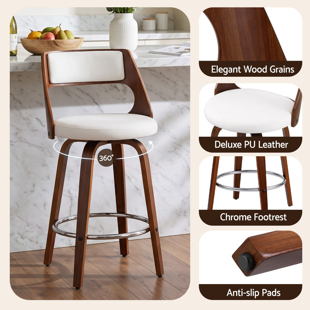 TWSC 65cm Swivel Counter Stools, White & Walnut – Set of 4 — swivel, upholstery, footrest and foot-pad details