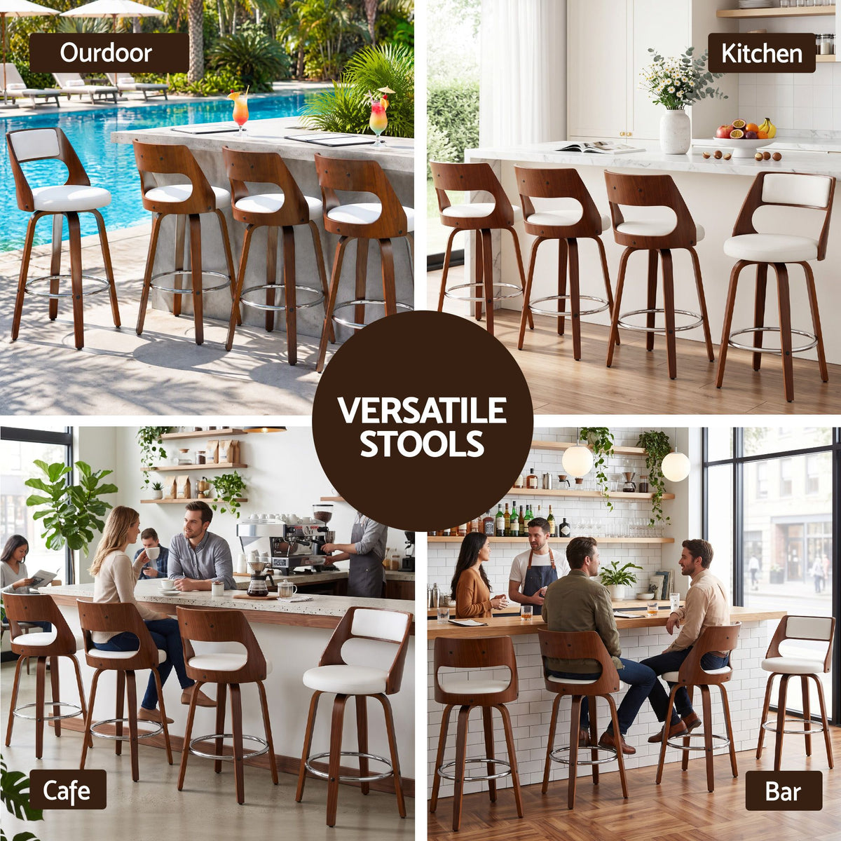 TWSC 65cm Swivel Counter Stools, White & Walnut – Set of 4 — collage of indoor and outdoor styling examples