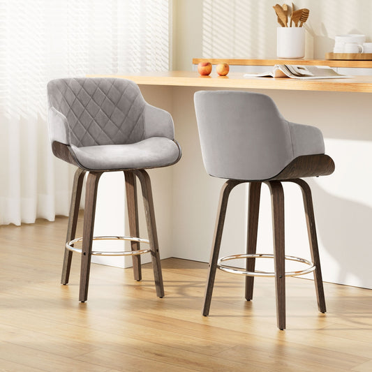 TWSC 2x Bar Stools Swivel Velvet Padded Wooden