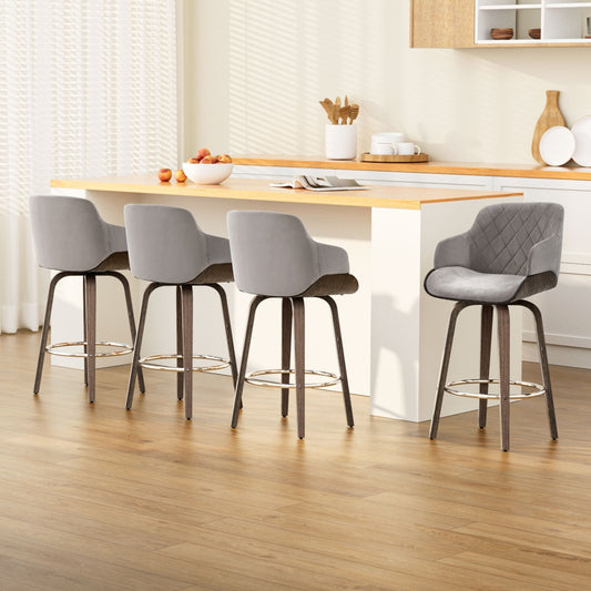 TWSC 4x Bar Stools Swivel Velvet Padded Wooden
