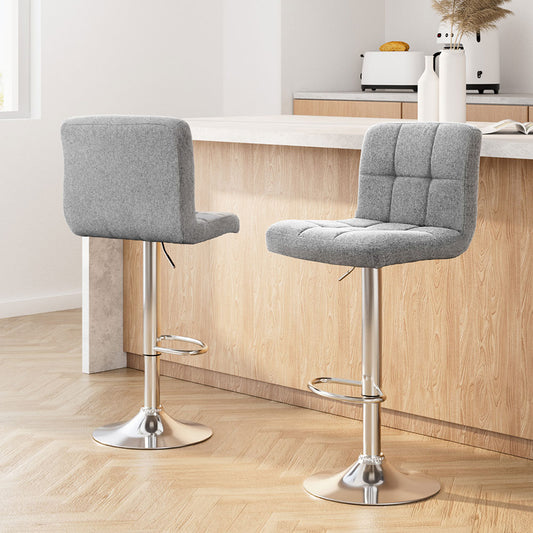 TWSC 2x Bar Stools Kitchen Dining Chairs Counter Stool Gas Lift Fabric Grey