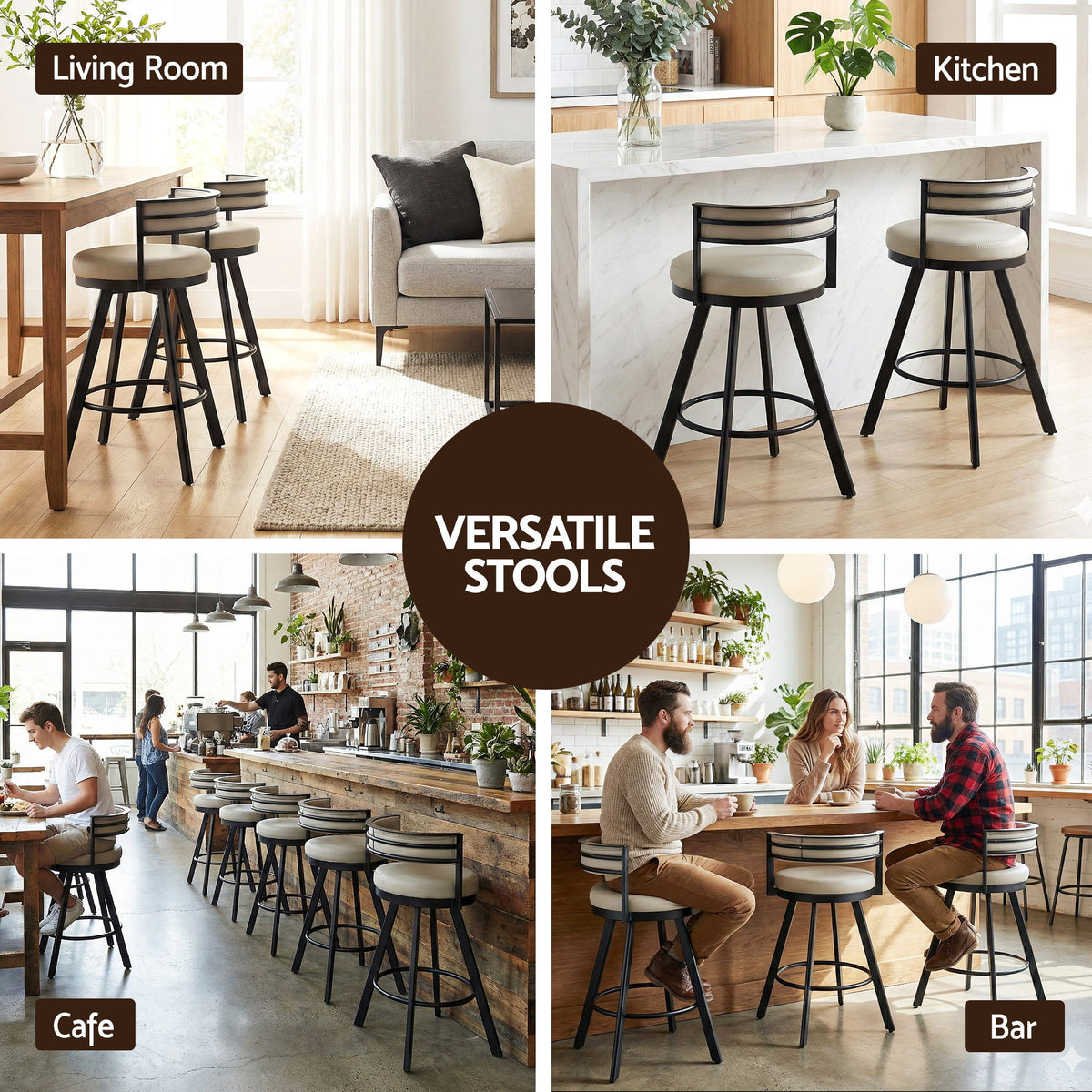 TWSC Bar Stools Set of 2 Swivel Kitchen Chair Metal Counter Beige Leather