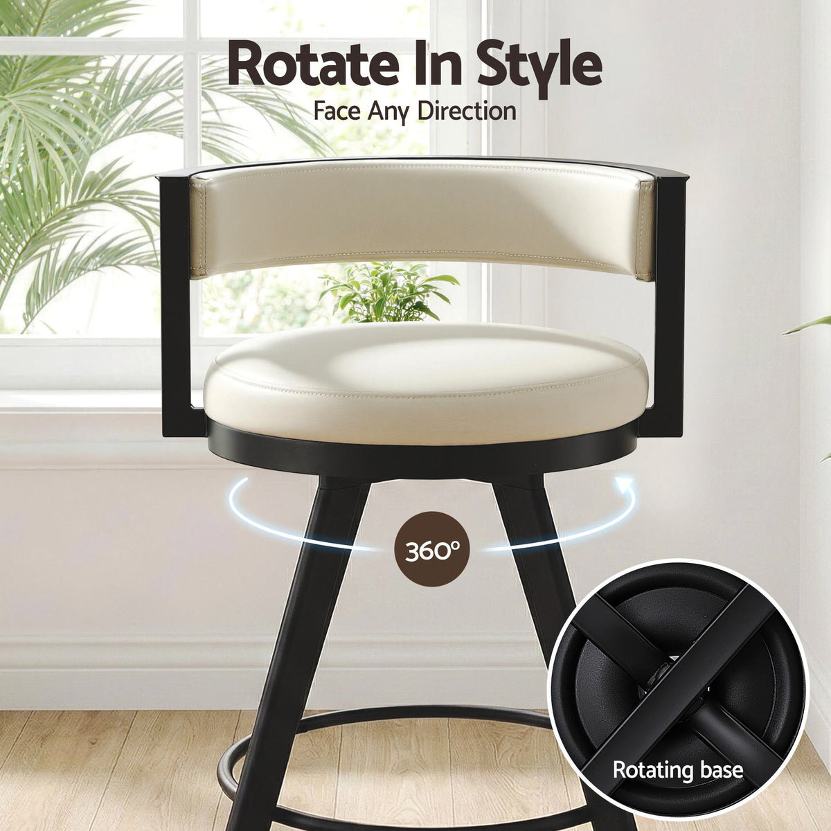 TWSC Bar Stools Set of 2 Swivel Kitchen Chair Metal Counter Beige Leather
