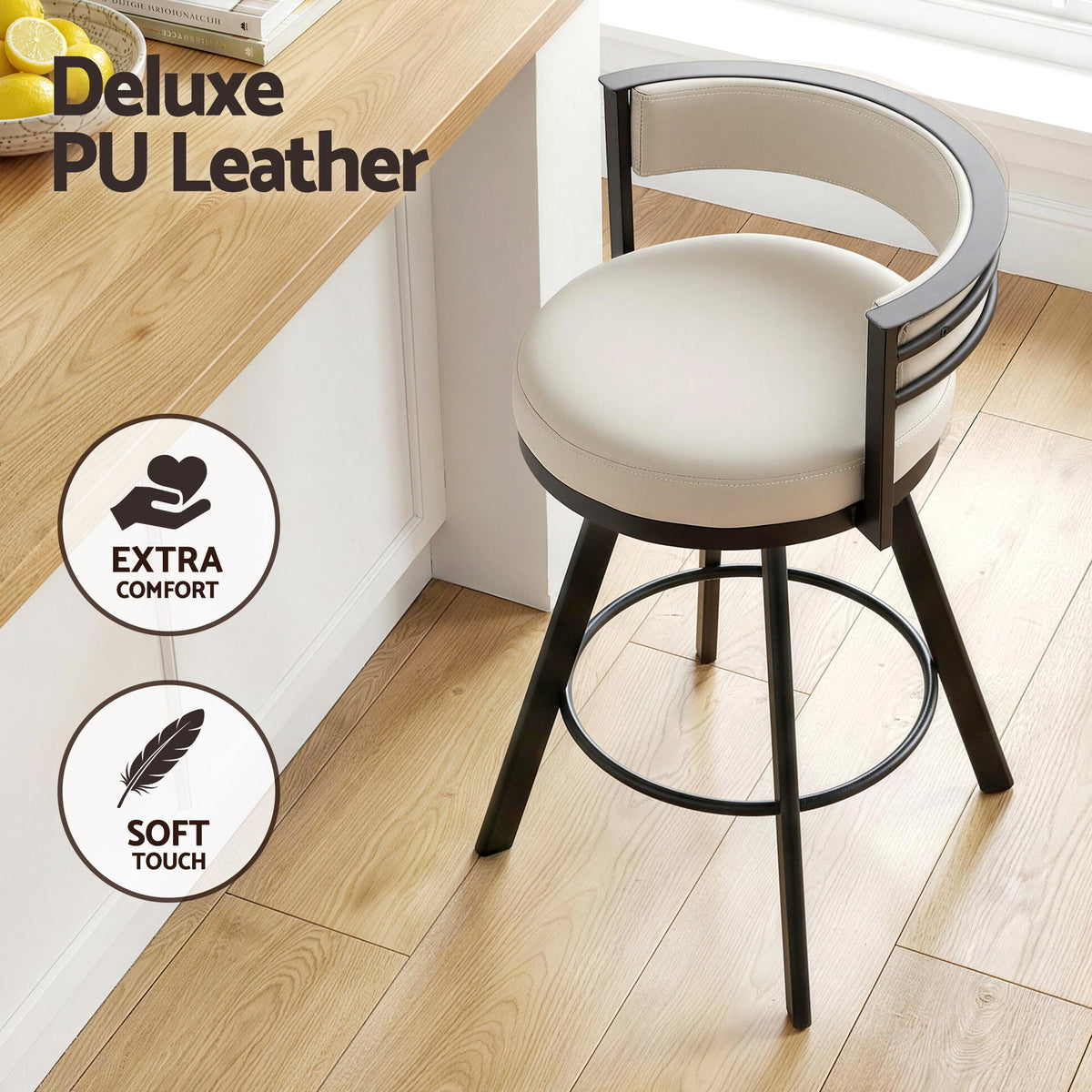 TWSC Bar Stools Set of 2 Swivel Kitchen Chair Metal Counter Beige Leather