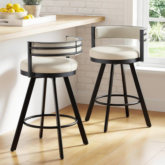 TWSC Bar Stools Set of 2 Swivel Kitchen Chair Metal Counter Beige Leather