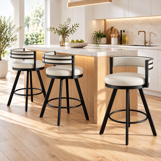 TWSC Bar Stools Set of 3 Swivel Counter Stools with Padded Backrest PU Leather Beige