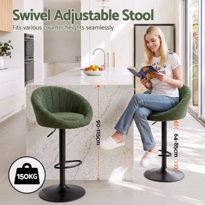 Artiss 4x Bar Stools Kitchen Chairs Gas Lift Adjustable Round Shell Boucle Green