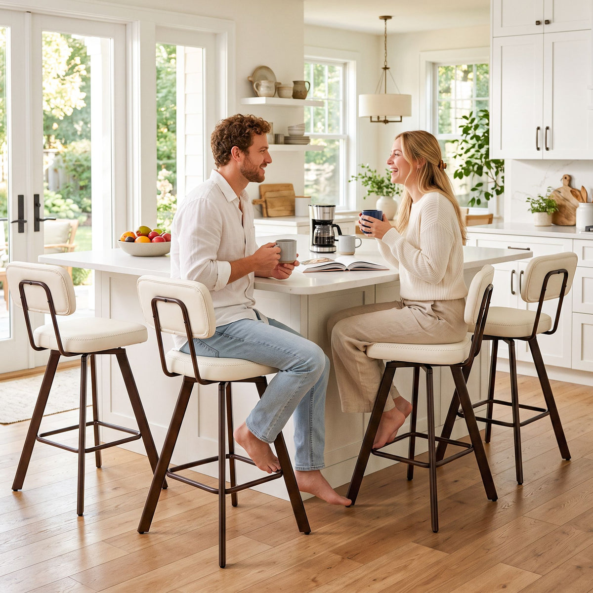 Artiss Bar Stools Set of 4 Swivel Counter 68cm Height Stools w/ Padded Backrest Beige