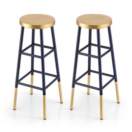 Stylish gold navy bar stools with textured round seats, sturdy metal frame, and elegant two-tone design.