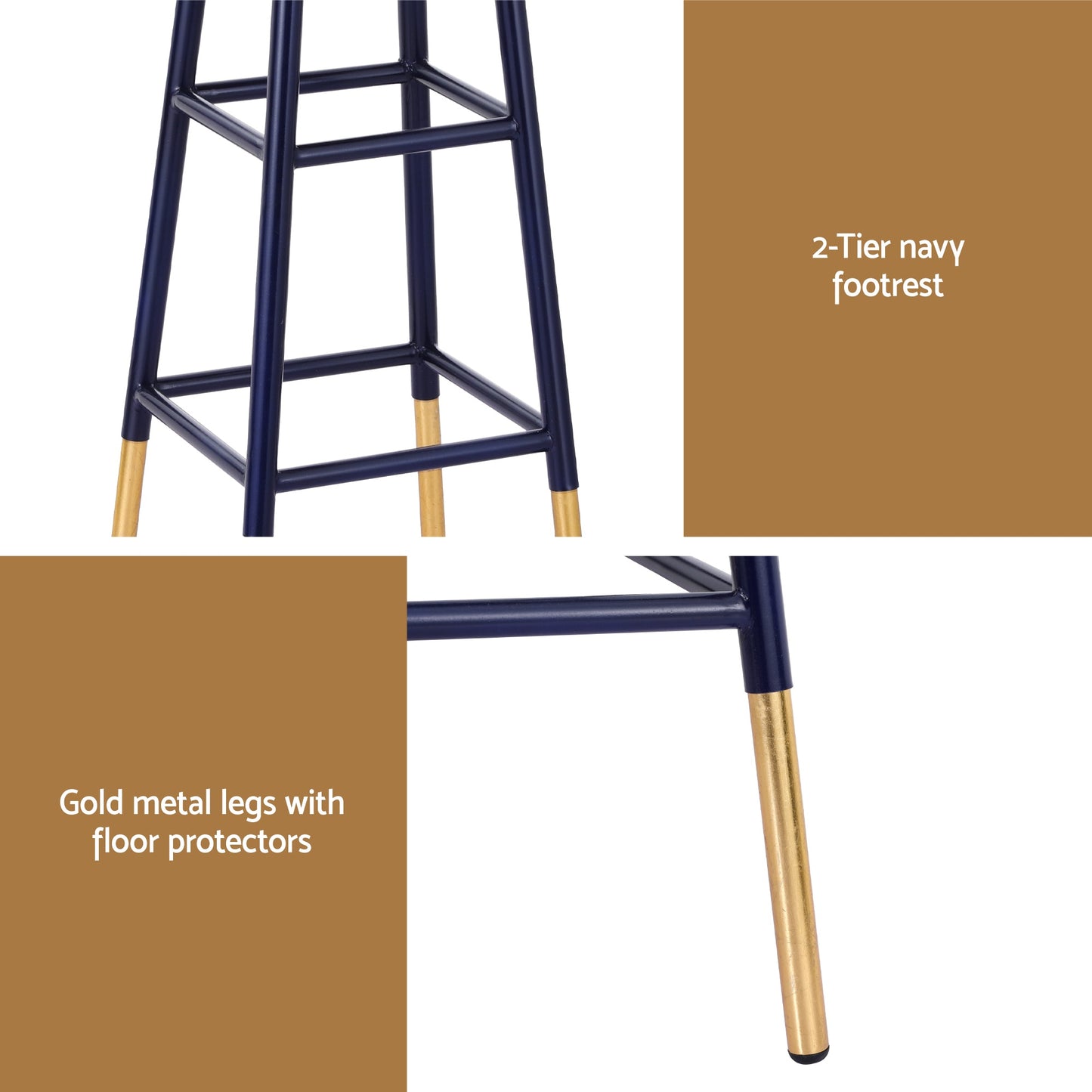 Bar Stools Set of 2 – Metal Frame, Gold and Navy Finish