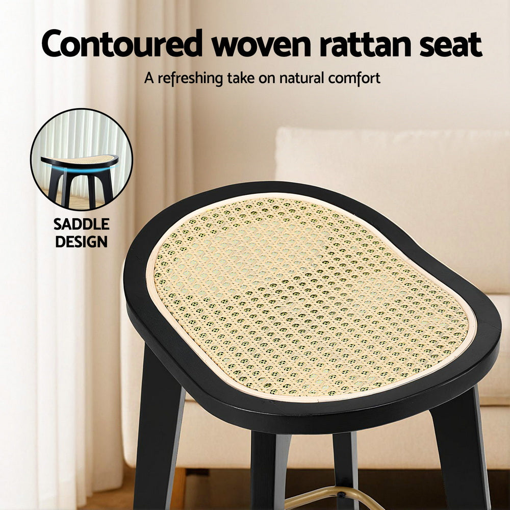 TWSC 2x Bar Stools Rattan Counter Kitchen Dinning Chair Bamboo Saddle Black