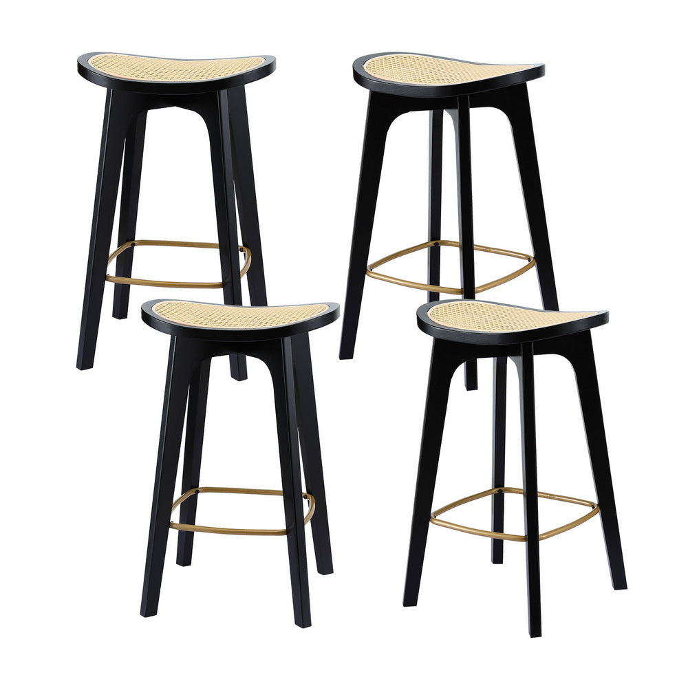 Rattan Bar Stools Set of 4 – Backless, Bamboo Frame, Black Saddle Seat