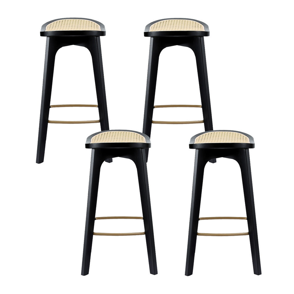 Rattan Bar Stools Set of 4 – Backless, Bamboo Frame, Black Saddle Seat