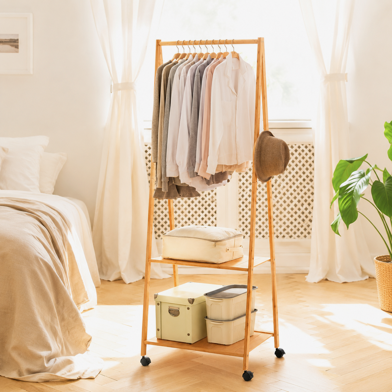 Clothes Rack Airer with Wheels – Bamboo, 165x59cm
