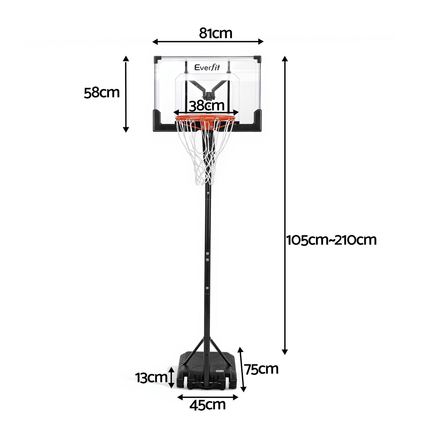 Portable Adjustable Basketball Hoop – Steel Frame, 1.05m-2.1m Height
