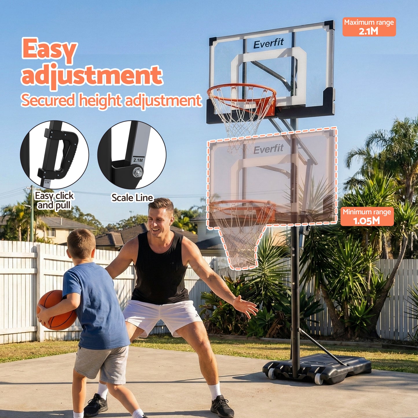 Portable Adjustable Basketball Hoop – Steel Frame, 1.05m-2.1m Height