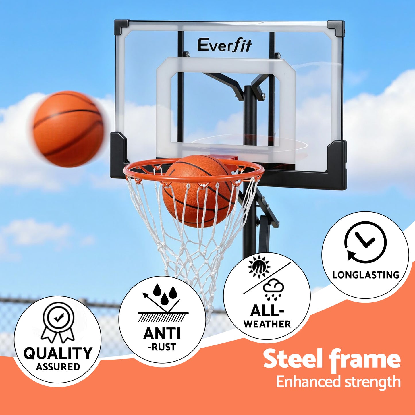 Portable Adjustable Basketball Hoop – Steel Frame, 1.05m-2.1m Height
